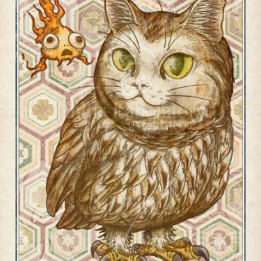 无域図録-猫ミミズク　フクロウ　猫　イラスト　ネコ　金魚　梟